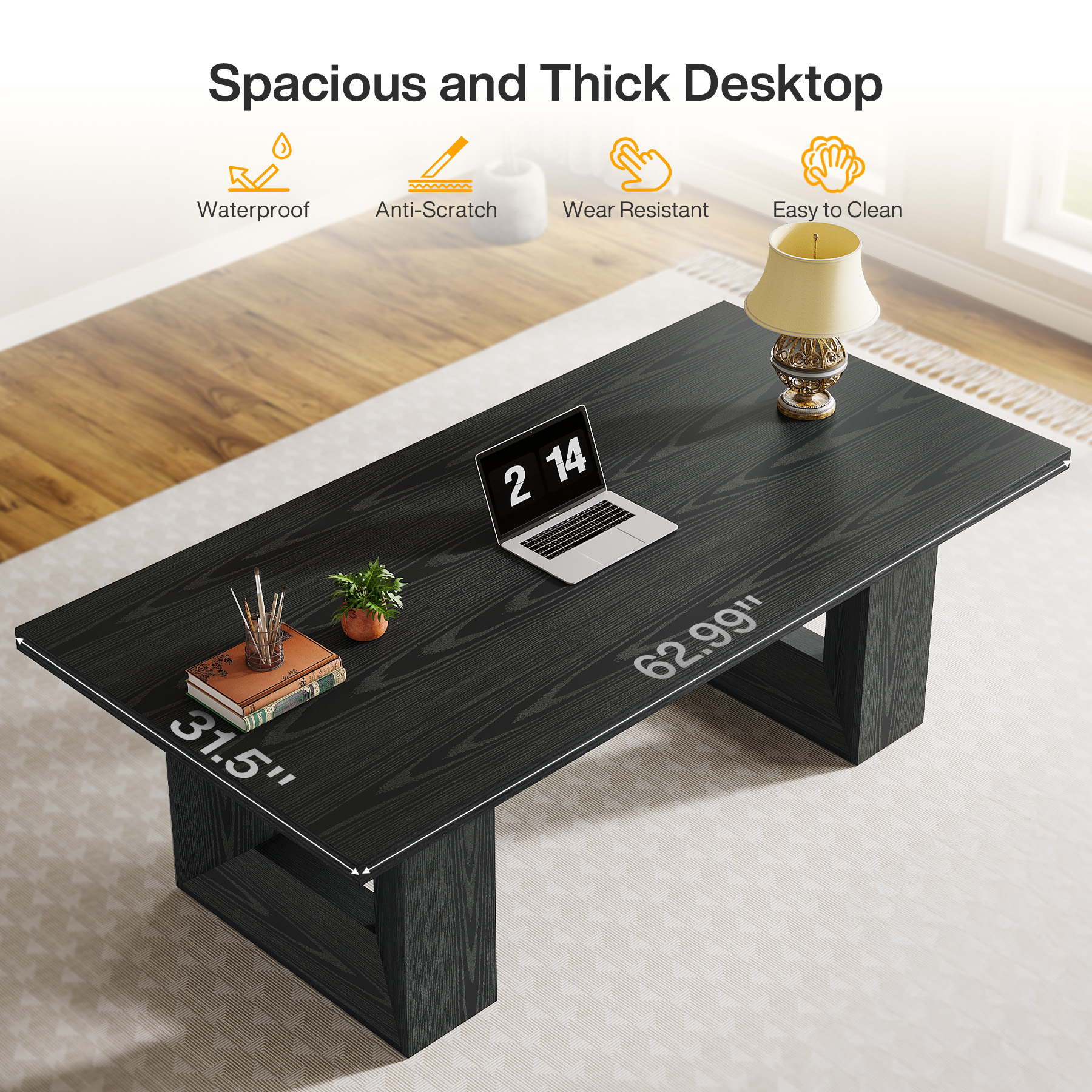 Finmind Large Executive Desk, 62.99-inch Home Office Desk, Rectangular Computer Table for Home Office, Study Room, Black