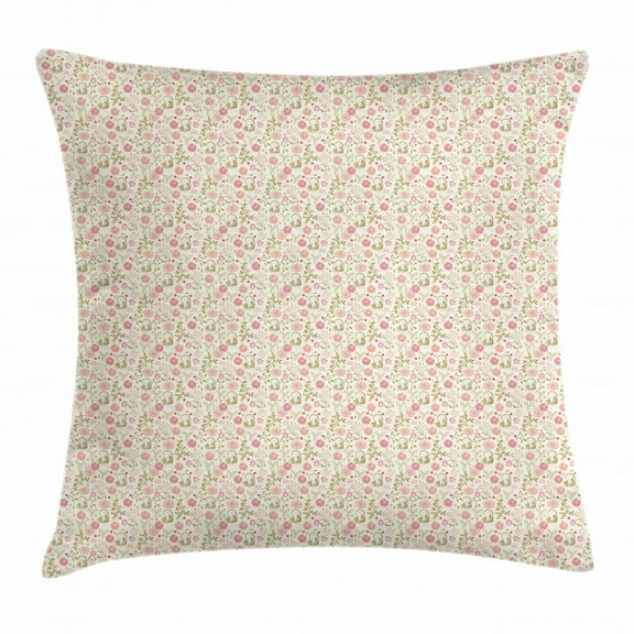 Floral Throw Pillow Cushion Cover, Flower Complex Design with Soft Colors Vintage Summer Season Foliage Print, Decorative Square Accent Pillow Case, 16 X 16 Inches, Pink Peach Green, by Ambesonne