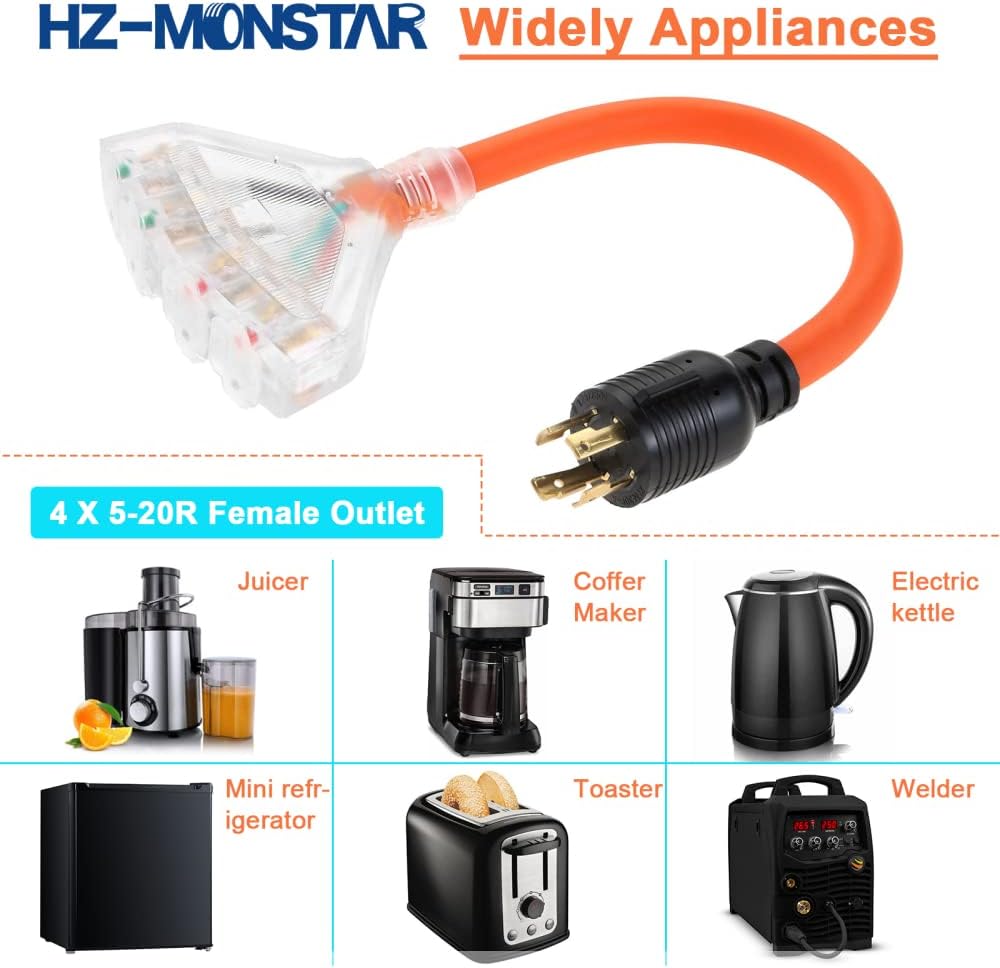 30 Amp to 110 Adapter Generator Power Cord, 4 Prong 30 Amp to 15 Amp Generator Adapter, NEMA L14-30P Male Plug to 4X 5-20R Household Tri Outlet Female Connectors Power Adapter 1.5 FT 125/250V