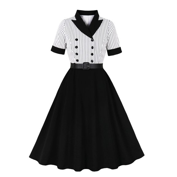 gljltg 1950s Dresses for Women Turndown Short Sleeved Black and White Striped Dress,Spring Summer Retro Audrey Hepburn Dresses Elegant A-line Swing Sliming Midi Dress