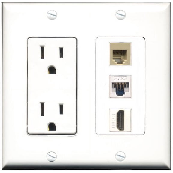 RiteAV - 15 Amp Power Outlet 1 Port HDMI 1 Port Phone Beige 1 Port Cat5e Ethernet White Decorative Wall Plate
