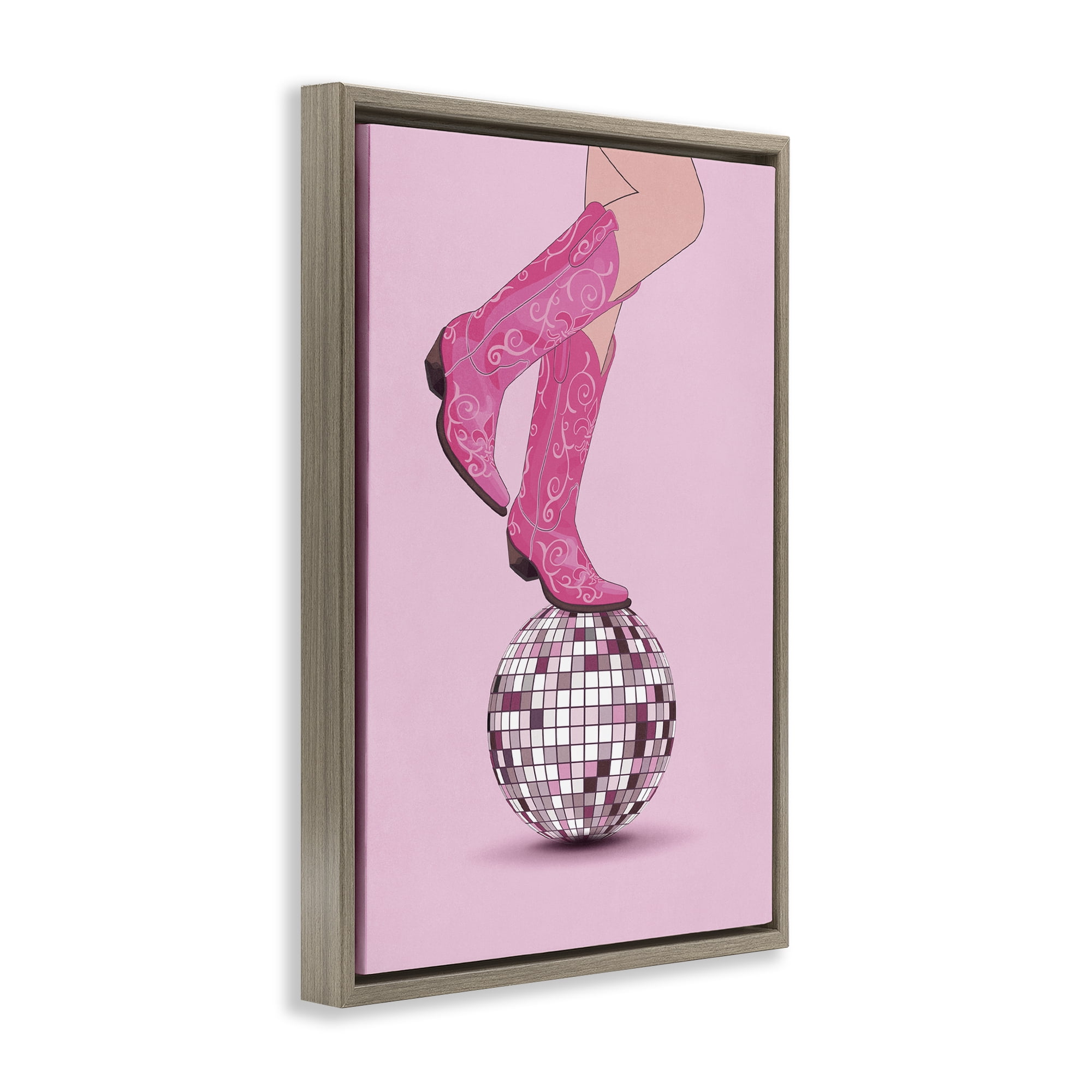 Stupell Industries Pink Cowgirl on Disco Ball People Painting Brown Floater Framed Canvas Art Print Wall Art, 21 x 31