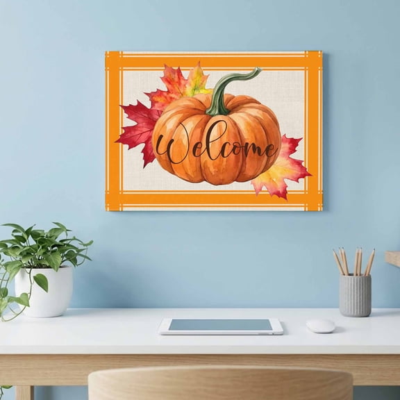 Thanksgiving Pumpkin Canvas Wall Art, Country Vintage Maple Leaf Orange Stripe Wall Art Prints Artwork Framed Canvas Ready to Hang Art Pictures for Living Dining Room Bedroom Hallway 24" x 18"