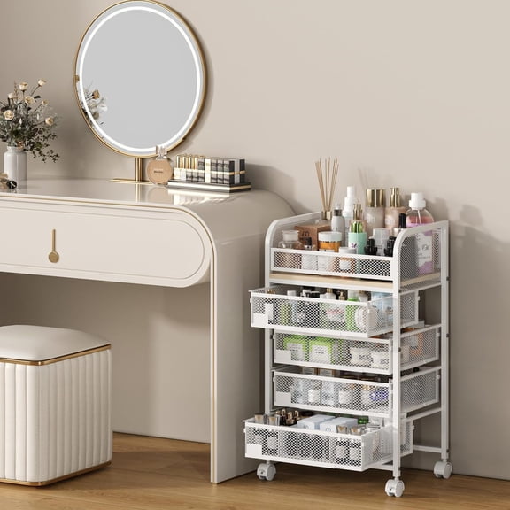 White 4-Drawer Makeup & Skincare Organizer - Rolling Vanity Storage with Wheels & Nameplates for Perfume Brushes
