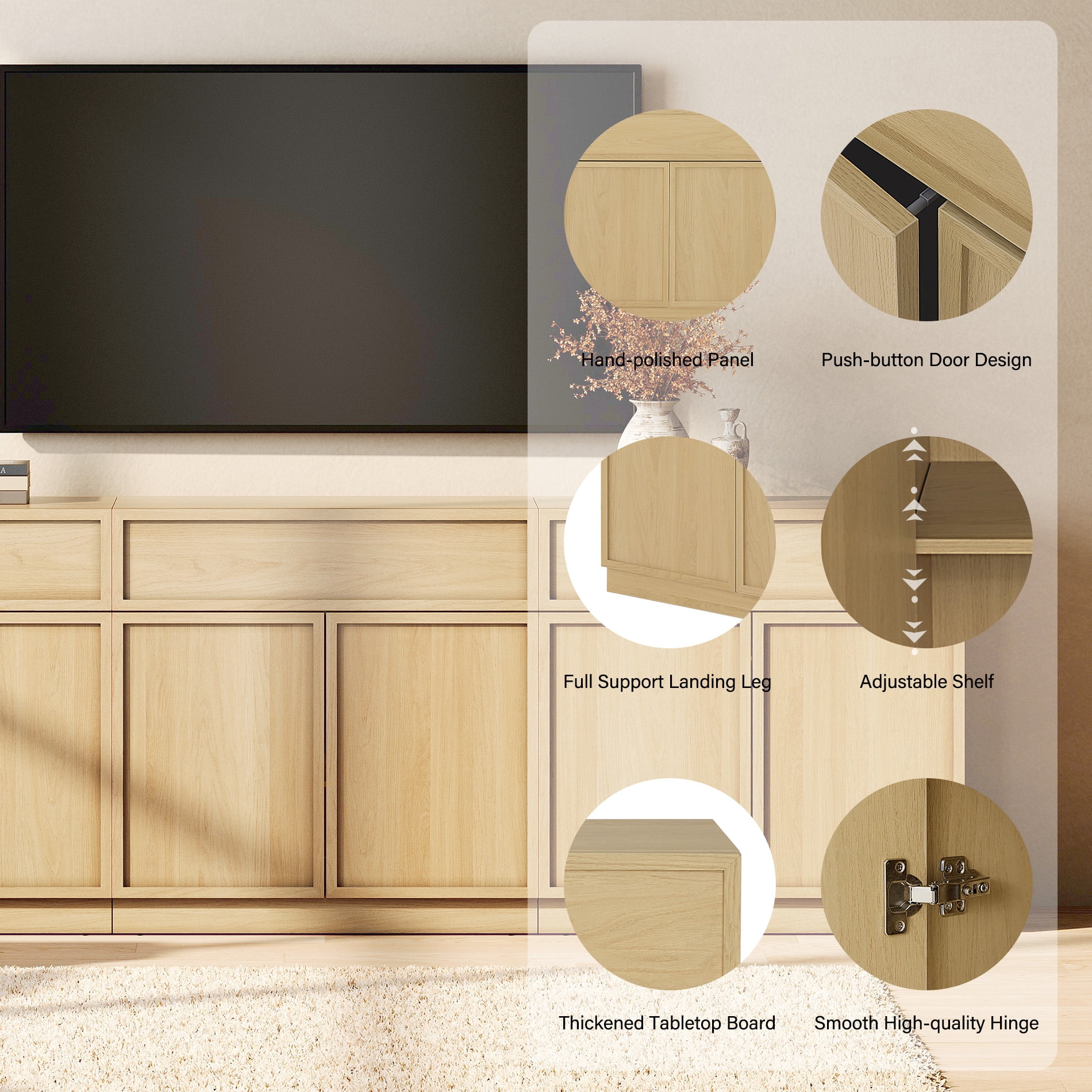 94.5" Modern Sideboard Buffet Cabinet with 6 Doors and Drawers, Multifunctional Sideboard with Large Storage and Adjustable Shelf, Oak