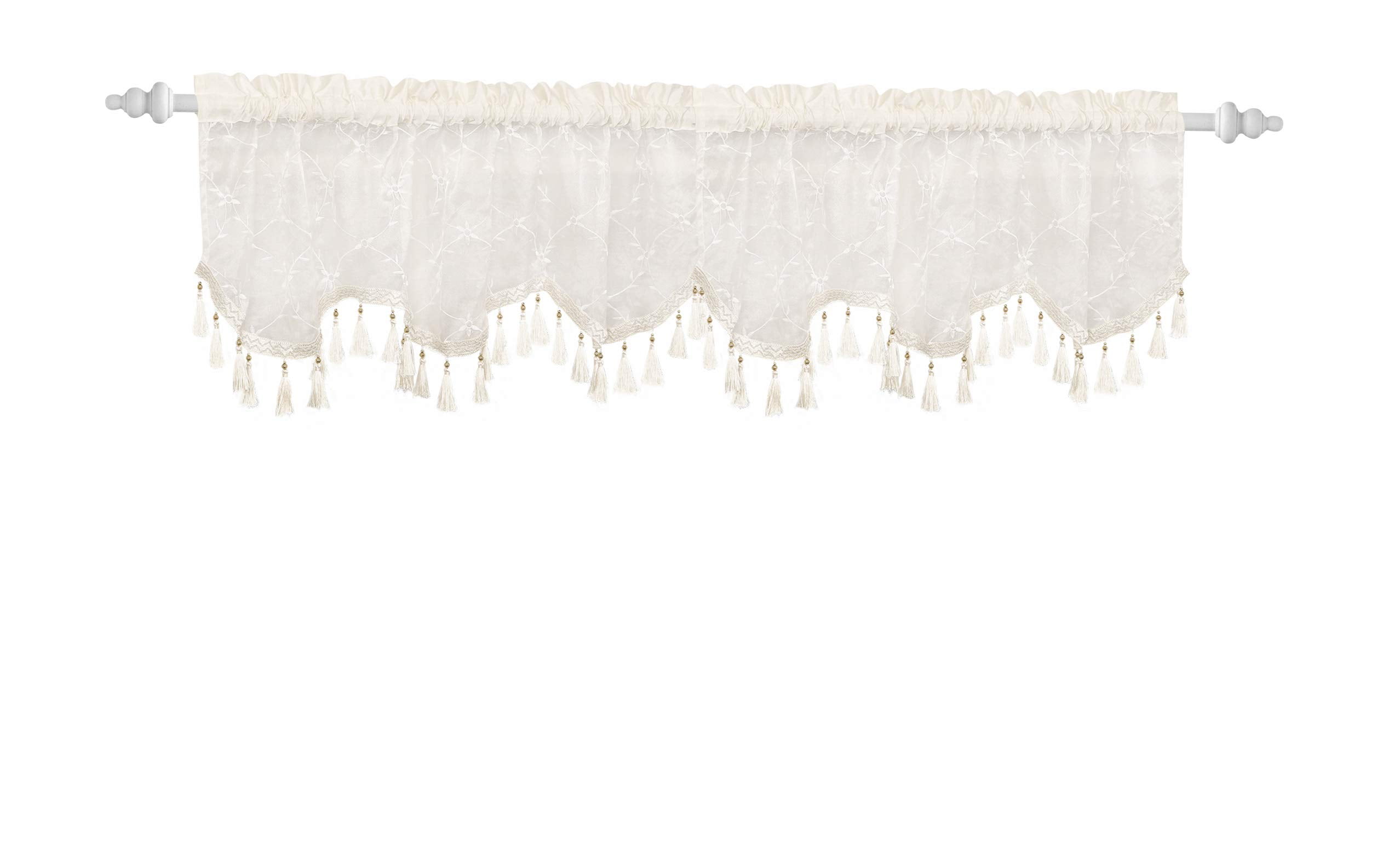 Decorative Sheer Top Valance: Embroidered Floral Design with Scallop Border Bead and Tassel Trim (White with Ivory Beads)