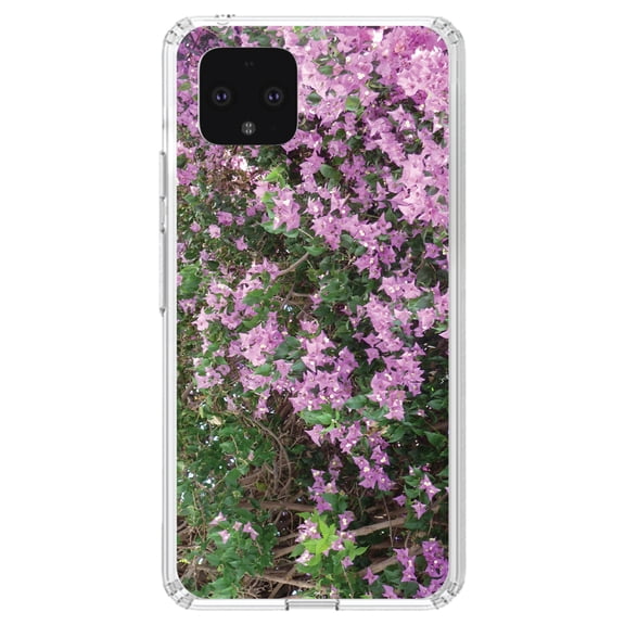 DistinctInk Clear Shockproof Hybrid Case for Google Pixel 4 (5.7" Screen) - TPU Bumper, Acrylic Back, Tempered Glass Screen Protector - Purple Flowers Mykonos Greece