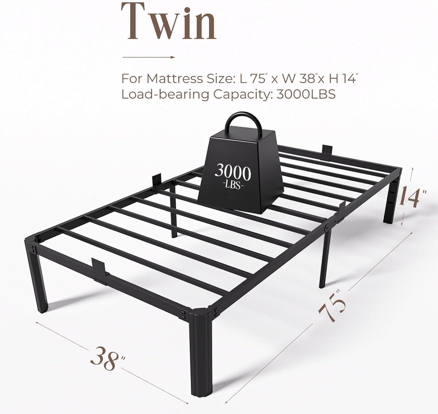XUKIL 14 Inch Twin Size Bed Frame, Heavy Duty Metal Platform Twin Bed Frames with Steel Slats & Sturdy Mattress Stoppers, UnderBed Storage, Noise-Free No Box Spring Needed, Easy Assembly