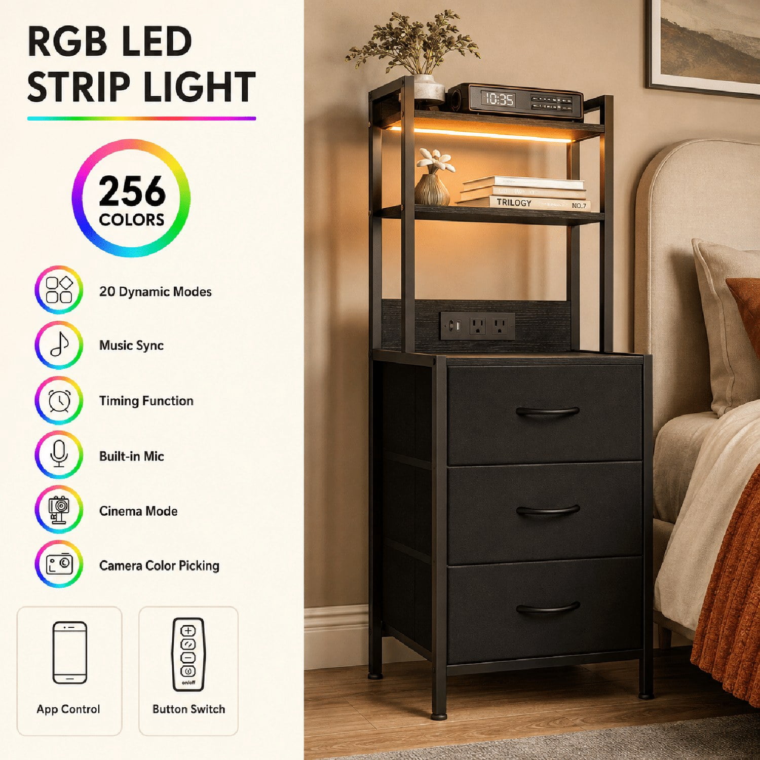 3-Drawer Nightstand with Charging Station and LED Light, Fabric Storage Dresser with 2-Tier Open Shelf, Wood Grain Bedside Table with Power Outlet and USB Ports