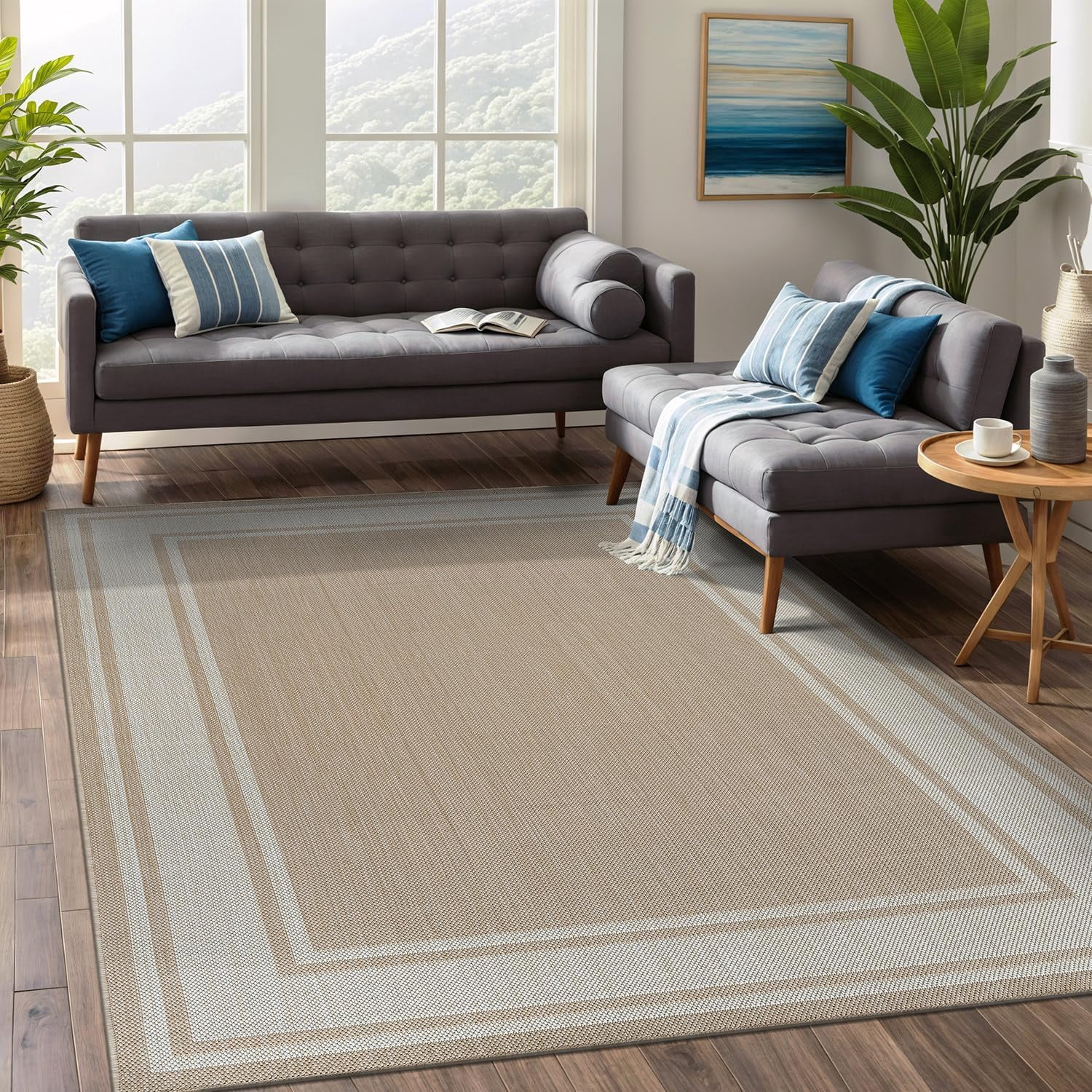Beverly Rug Floral Bordered Washable Outdoor Indoor Area Rugs 8x10 Beige