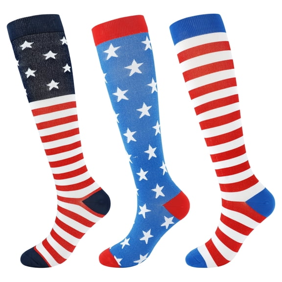 Wowstyle Patriotic 3-Pack American Flag Compression Socks – 4th of July Gift for Travel, Sports or Daily Wear (Knee-High, Red/White/Blue)