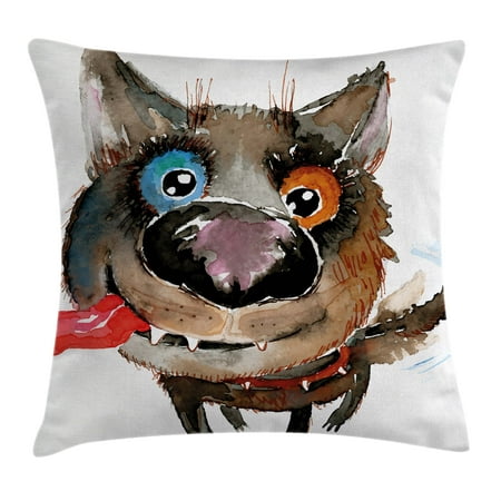 Animal Throw Pillow Cushion Cover, Funny Dog Puppy Smiling Best Companion Happy Creature Humor Grunge Print, Decorative Square Accent Pillow Case, 18 X 18 Inches, Cocoa Red Orange Blue, by