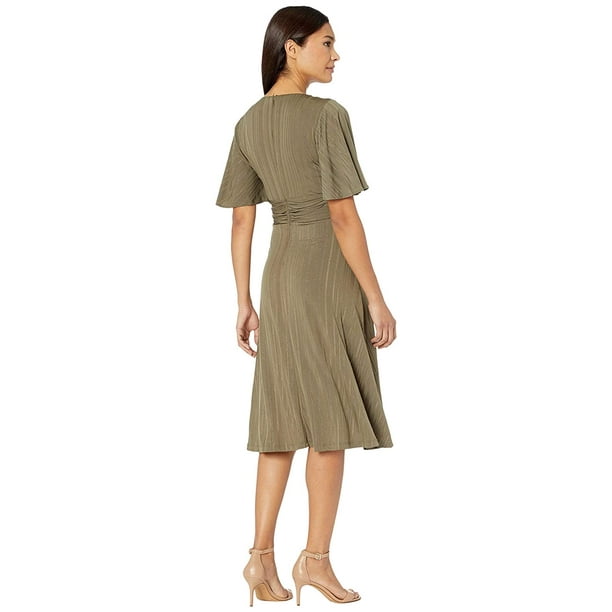 Calvin Klein Flutter Sleeve Midi Dress with Embellishments Caper/Gold - Calvin Klein Flutter Sleeve Midi Dress with Embellishments Caper/Gold -