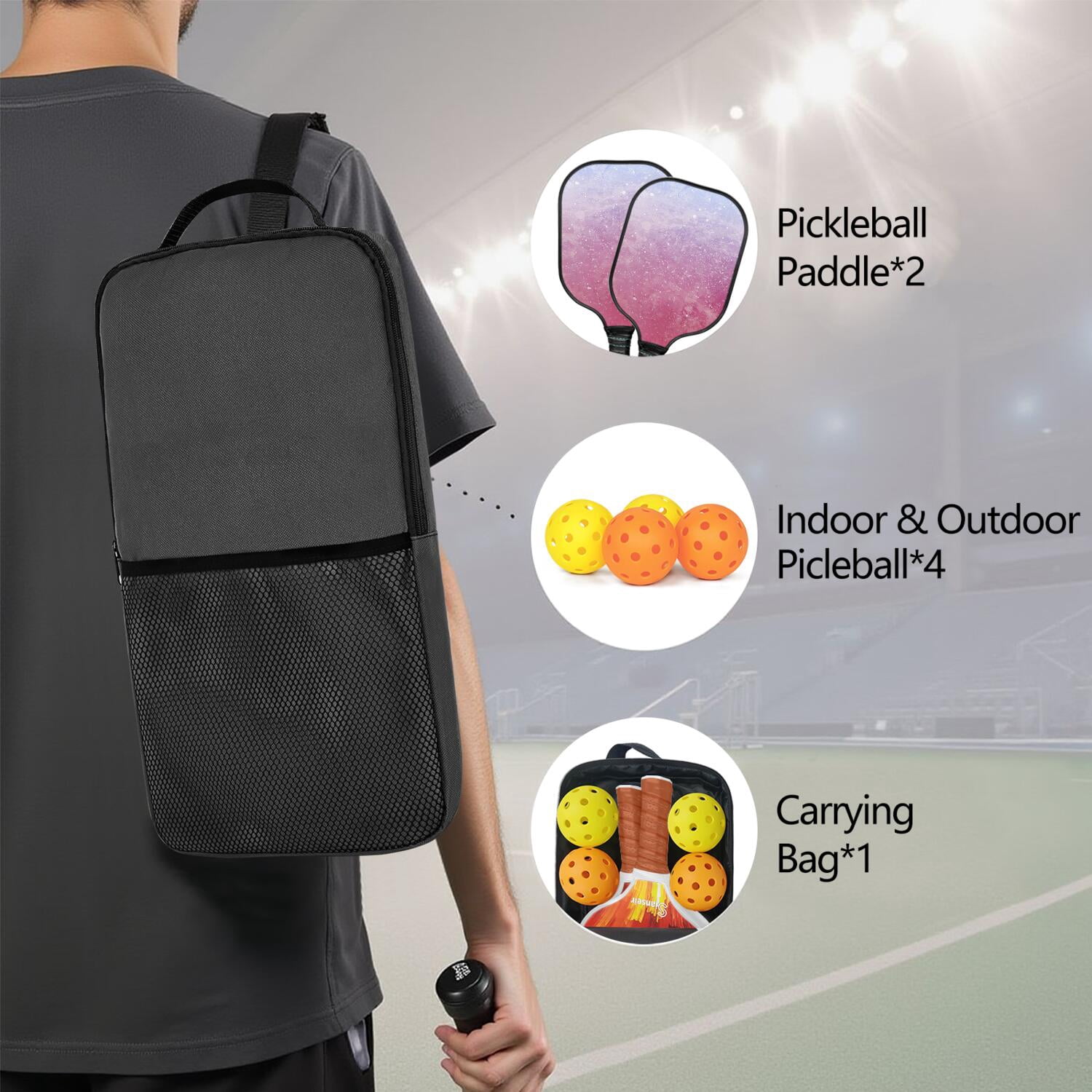 Pickleball Paddles Set Of 2, Fiberglass Surface, Ice Crystal Print, 4 Balls & Bag