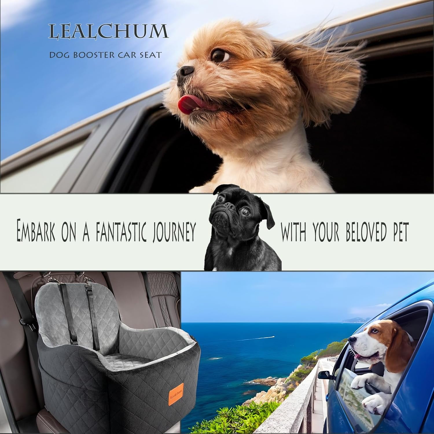 Dog Booster Car Seat for Small/Medium Dogs,Memory Foam Elevated Cushion Car Seat for Dogs,Fully Detachable and Washable Pet Portable Car Seat With 2 Clip-On Safety Leashes(Black/Grey)