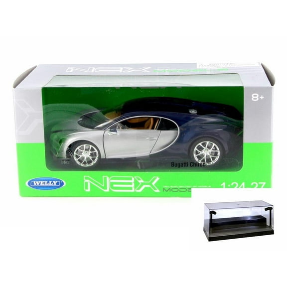 Diecast Car w/LED Display Case - Bugatti Chiron, Silver w/ Blue - Welly 24077W-SIL - 1/24 Scale Diecast Model Toy Car
