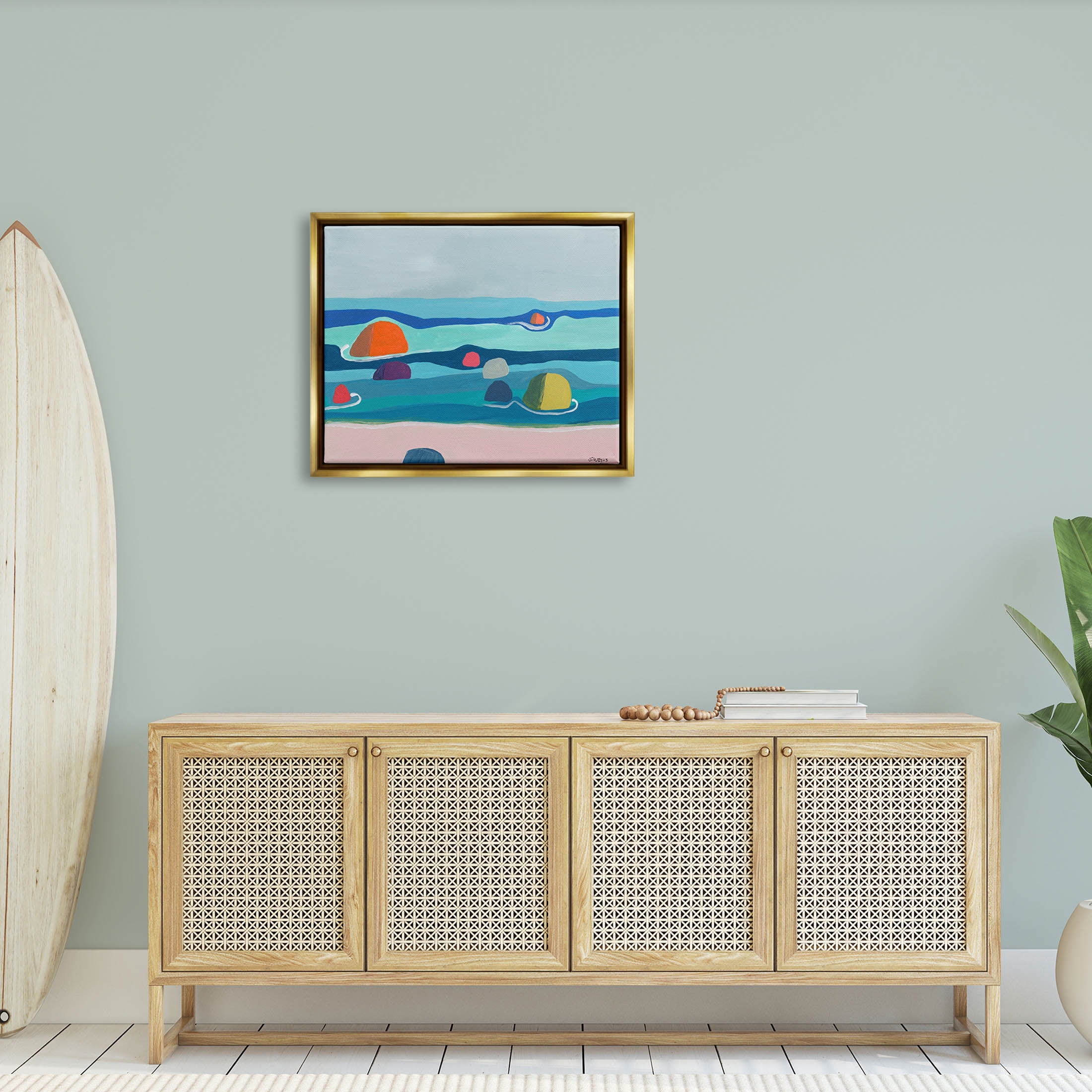 Modern Floating Beach Buoys Coastal Painting Metallic Gold Framed Art Print Wall Art