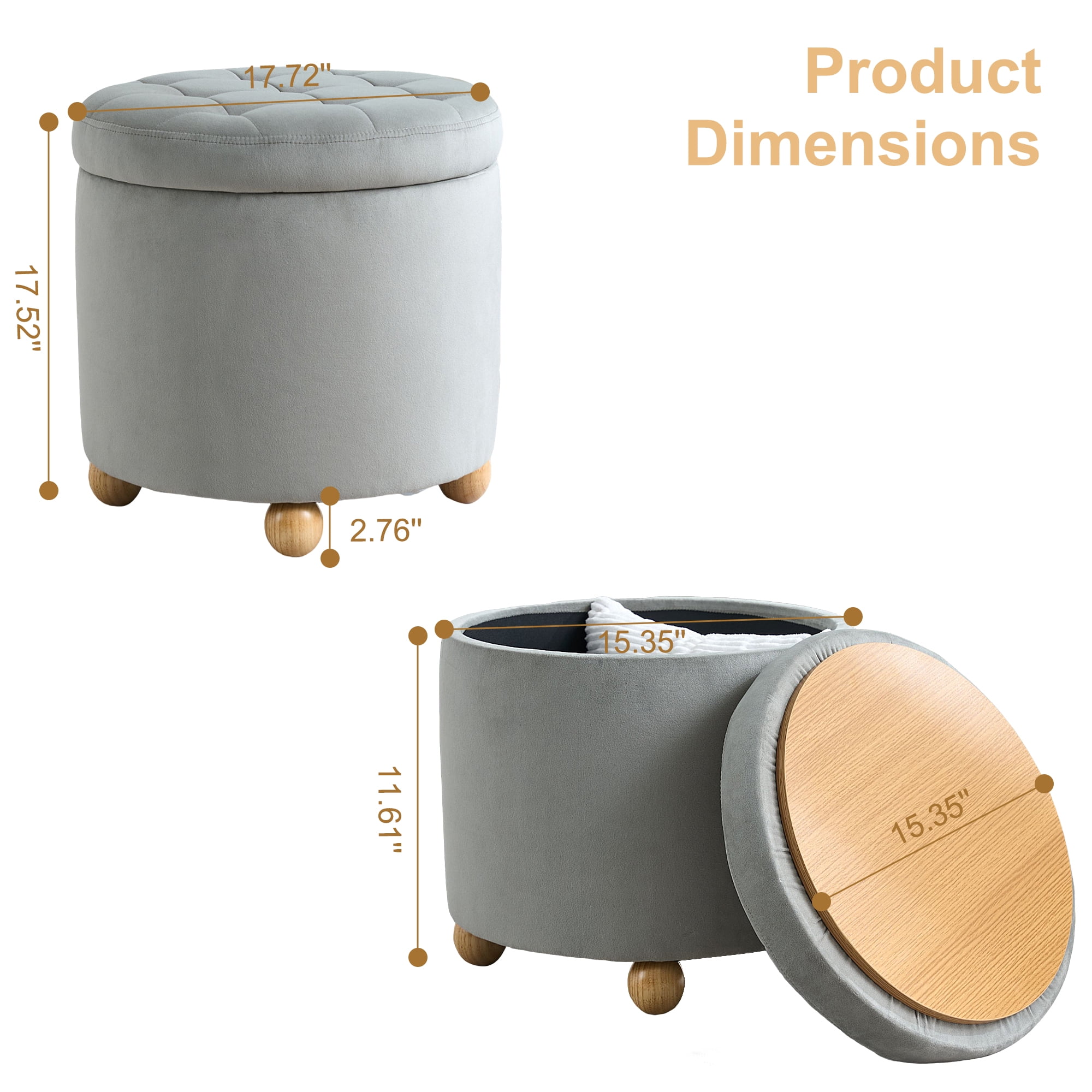 CoVibrant Modern Round Velvet Storage Ottoman with Reversible Tray Lid, Tufted Upholstered Footrest Stool with Wooden Legs