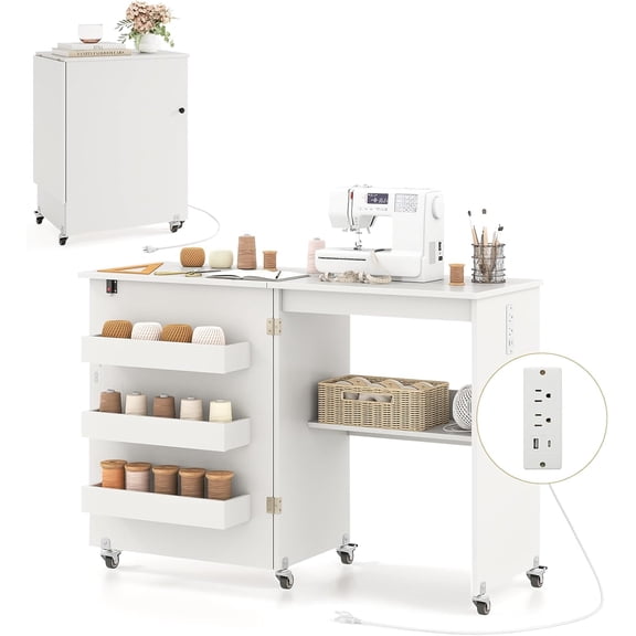 Moccha Folding Sewing Desk with Storage Trays, Shelf & Rack, Lockable Casters, Foldable Sewing Table for Home Apartment, Studio, Small Spaces