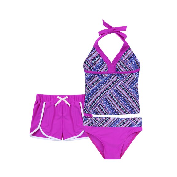 iiniim Kids Girls 3 Pcs Swimsuit Floral Halter Swim Top Triangle Brief Boardshorts Beach Bikini Set