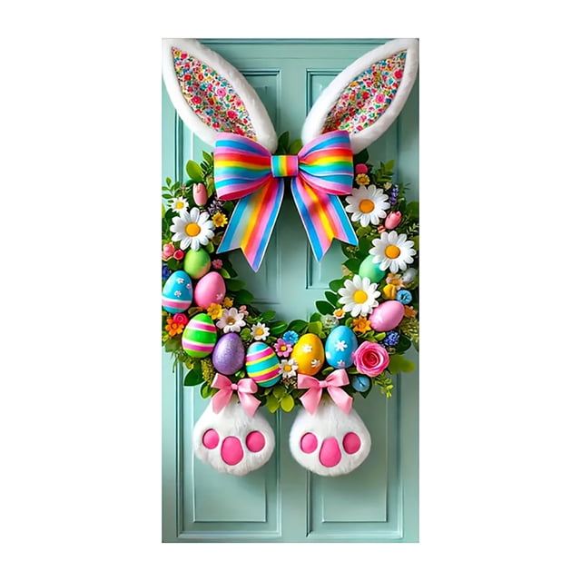 YWIYIUD 1PC Happy Easter Door Cover Easter Decorations, 71x35 Inch Easter Rabbit Eggs Door Banner Welcome Easter Banner Spring Theme Rabbit Door for Front Door Wall Indoor Outdoor Home Decor