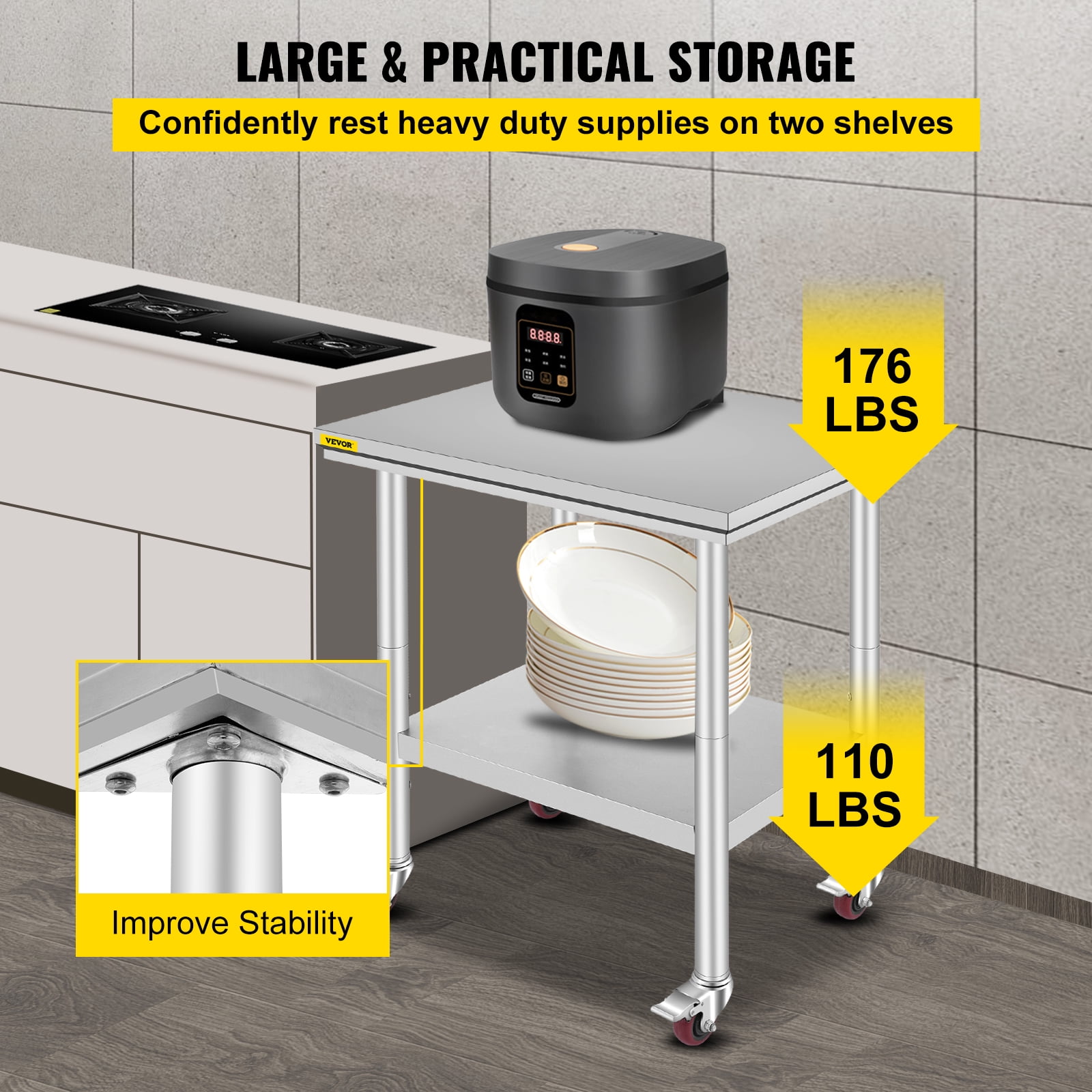 VEVORbrand Stainless Steel Work Table with Wheels 24 x 30 x 32 inch Prep Table with casters Heavy Duty Work Table for Commercial Kitchen Restaurant Business
