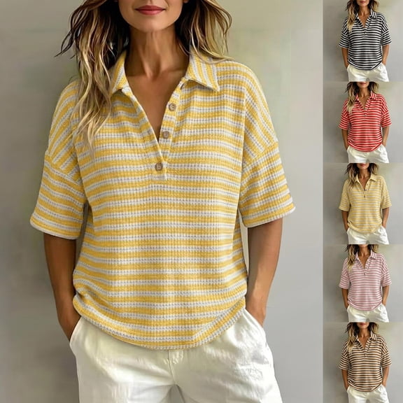 Striped Waffle Knit Polo Shirt for Women Short Sleeve Button Neck Collared Top Loose Fit Casual Preppy Summer Spring