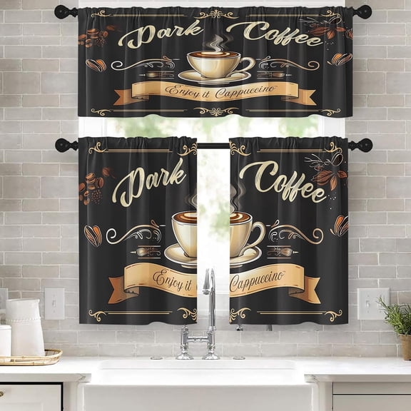 Dark Coffee Kitchen Window Curtains Valance and Tier Set 36 Inch, Cappuccino Roasted Coffee 3 Piece Window Treatment Tiers for Living Room Bedroom Black Kitchen Decor Drapes
