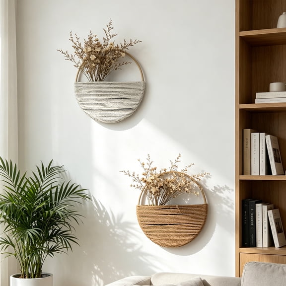 2 Pack Double Round Bamboo Woven Wreath, Rustic Wicker Wall Hanging Decor, Hand Woven Circle Ornament, Boho Decor for Living Room Bedroom Guesthouse Wall Decoration