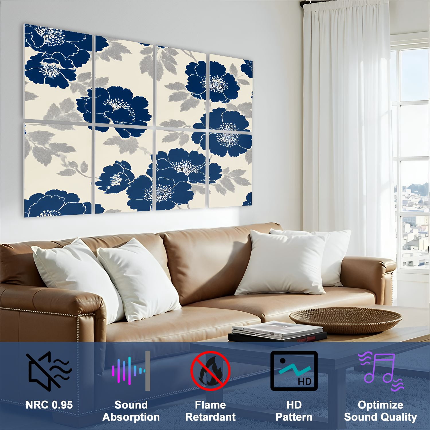 8 Pack Art Acoustic Panels Sound Absorbing Navy Blue Silver Floral Cream Decorative Soundproof Wall Panels Self Adhesive for Nursery Game Room Bedroom 48"x32"