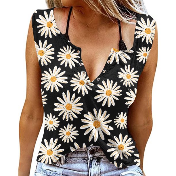 Fiudx Camisetas para Mujer Camiseta Sin Mangas con Estampado de Flores y Plantas de Verano a La Moda para Mujer, Camiseta Informal, Camiseta Holgada