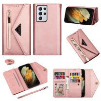 Dteck Galaxy S21 Ultra 5G Wallet Case, PU Leather Crossbag Lager Capacity Purse With Zipper Pocket, Folio Stand Phone Cover with Wrist Strap/Shoulder Strap For Samsung Galaxy S21 ultra 6.8",Rosegold