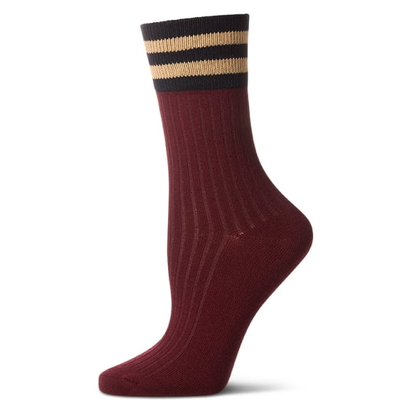 MeMoi Women's Ribbed Cotton Rich Striped Cuff Crew Sock - Womens - Female, 9-11, Burgundy