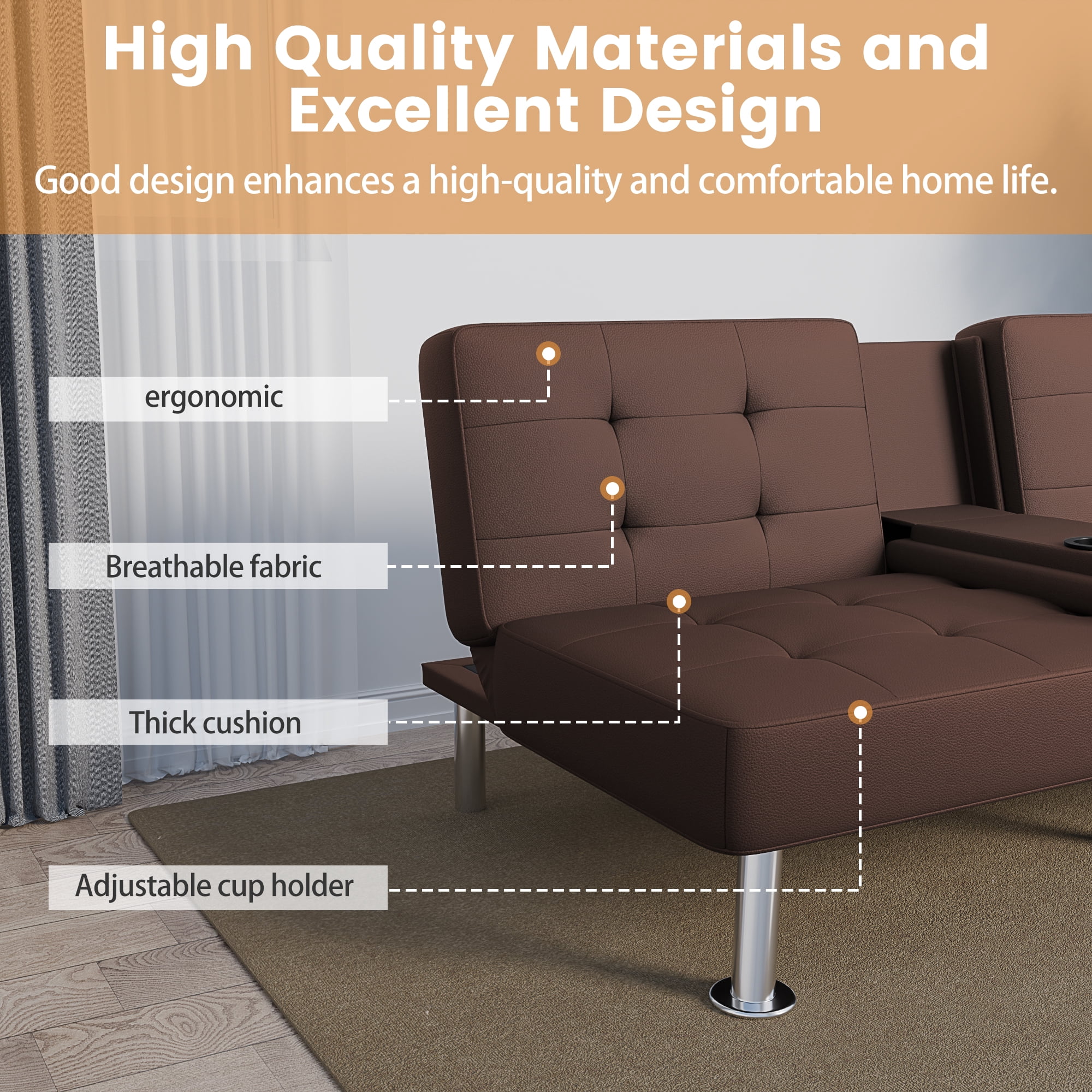 Vineego Futon Sofa Bed Folding Leather Modern Couch with 2 Cup Holders,Removable Armrests,Brown