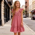 thumbnail image 6 of OGLCCG Girls Gingham Dress Summer Ruffle Sleeve Plaid Babydoll Dress Casual V Neck Flowy Swing Beach Sundress 3-13 Years, 6 of 6