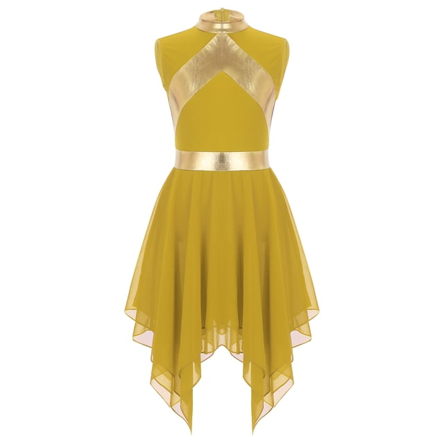 TiaoBug Robe de Danse Métallique pour Filles Enfants, Tunique d'Église, Robe de Culte, Tenue de Danse Jaune 14