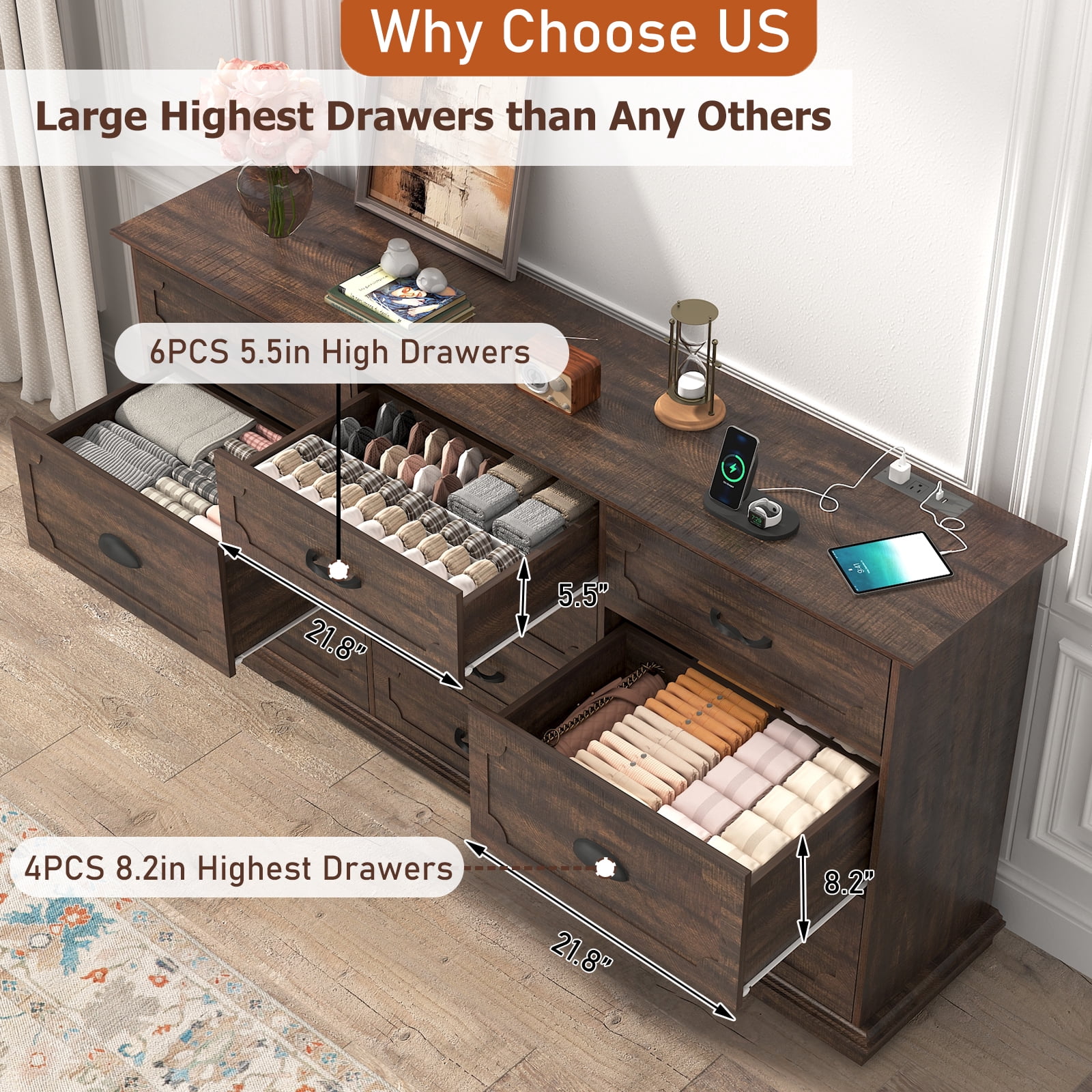 Blotout 70" Large Long Dresser with Deep Drawers, Farmhouse 10 Drawer Dresser for Bedroom, Wide Wood Chest of Drawers with Power Outlets, Rustic Brown Dresser