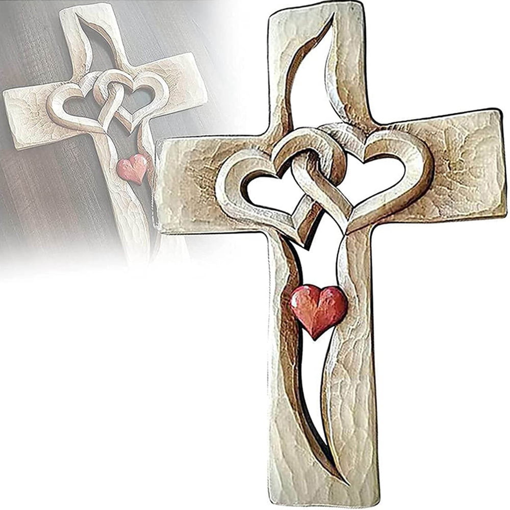Carved Wooden Cross Intertwined Hearts, Wooden Love Cross, Wall Hanging  Hand Carved Wood Cross for Home Living Room Decor 