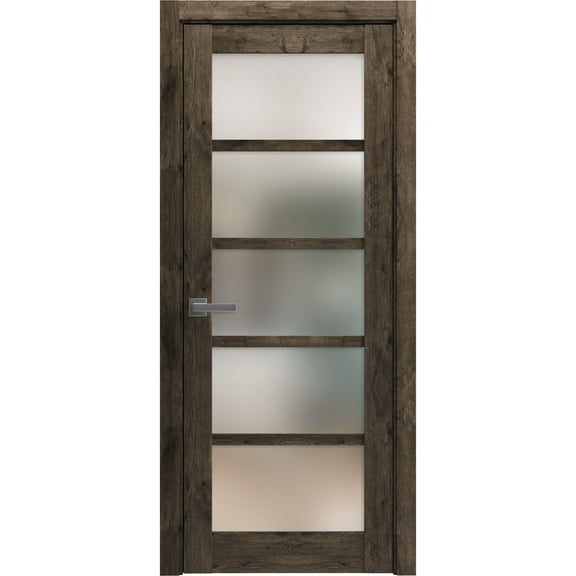 Solid French Door 28 x 80 inches | Quadro 4002 Cognac Oak with Frosted Glass | Single Regular Panel Frame Trims Handle | Bathroom Bedroom Sturdy Doors