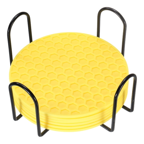 6 Pack Silicone Coasters with Holder, 4 Inch Round Coaster for Drink, Yellow