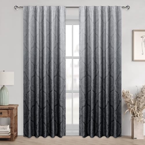 Hiasan Ombre Blackout Curtains for Bedroom - Back Tab & Rod Pocket Elegant Damask Design Thermal Insulted Window Drapes with Tiebacks Light Blocking Curtains, 2 Panels, W42 x L84, Black