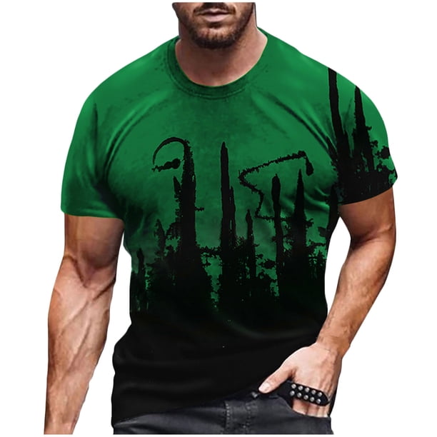 ICHUANYI Clearance Men Casual Round Neck 3D Digital Print Pullover Fitness Sports Shorts Sleeves T Shirt Blouse(Green, L) Ichuanyi Ichuanyi