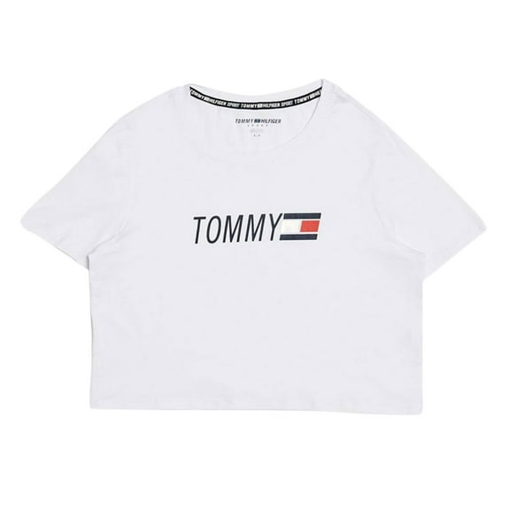 Tommy Hilfiger Jeans Logo Crewneck Crop Womens Active Shirts & Tees Size XS, Color: White/Navy