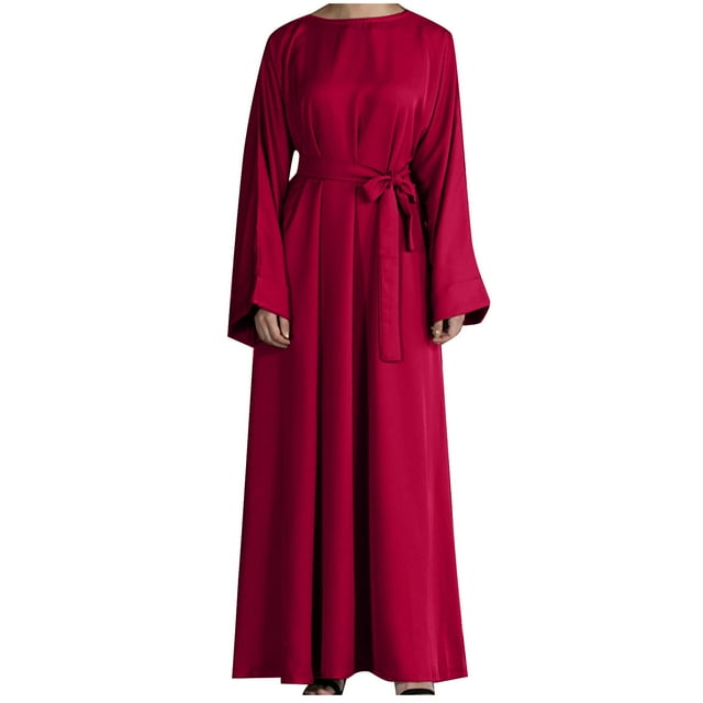 Kaftan Abayas pour Femmes Robe Musulmane Couverture Complète Robe Ethnique Eid Fluide Élégante Ceinturée Plissée Longue Robe