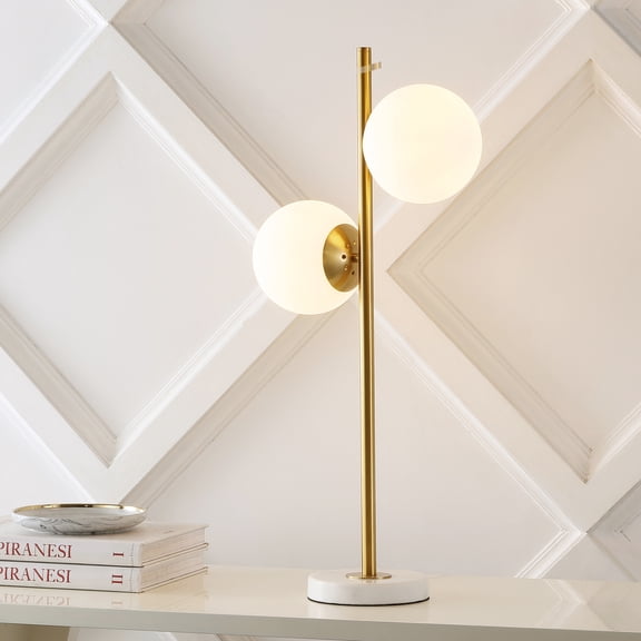 JONATHAN Y Amelie 28" 2-Light Coastal Vintage Iron LED Table Lamp, Brass Gold/White, JYL1107A
