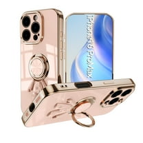 for iPhone 16 Pro Case, Built-in 360° Rotation Ring Holder Kickstand, Luxury Shiny Plating Edge Shockproof Electroplated Slim Protective Phone Cover for iPhone 16 Pro, Pink
