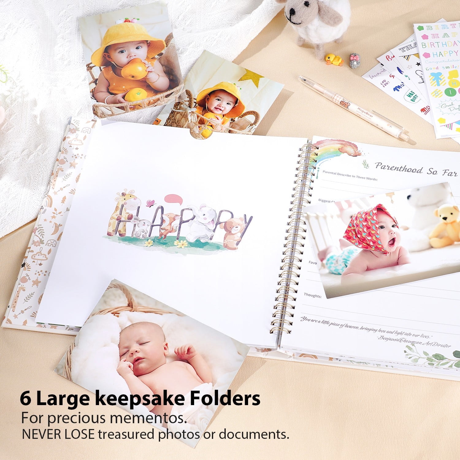 TJT Keepsake Baby Books for Newborn Baby Memory, First 5 Years Baby Memory Record Book Gift, 124 Pages Baby Album, Animal Family, Brown