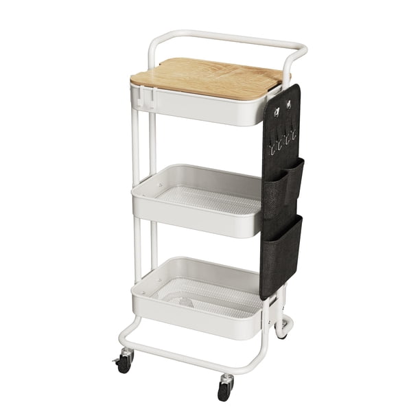 Utilitario de metal Rolling Cart DTK de 3 niveles con mesa y almacenamiento lateral