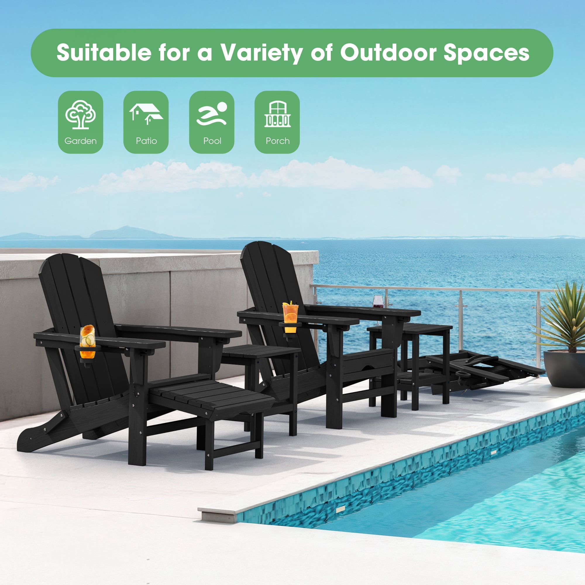 SERWALL Adjustable Folding Adirondack Chair with Footrest & Dual Cup Holders Set of 4, HDPE Foldable Multifunctional Adirondack Chair with Ottoman for Patio, Outdoor, Garden, Black
