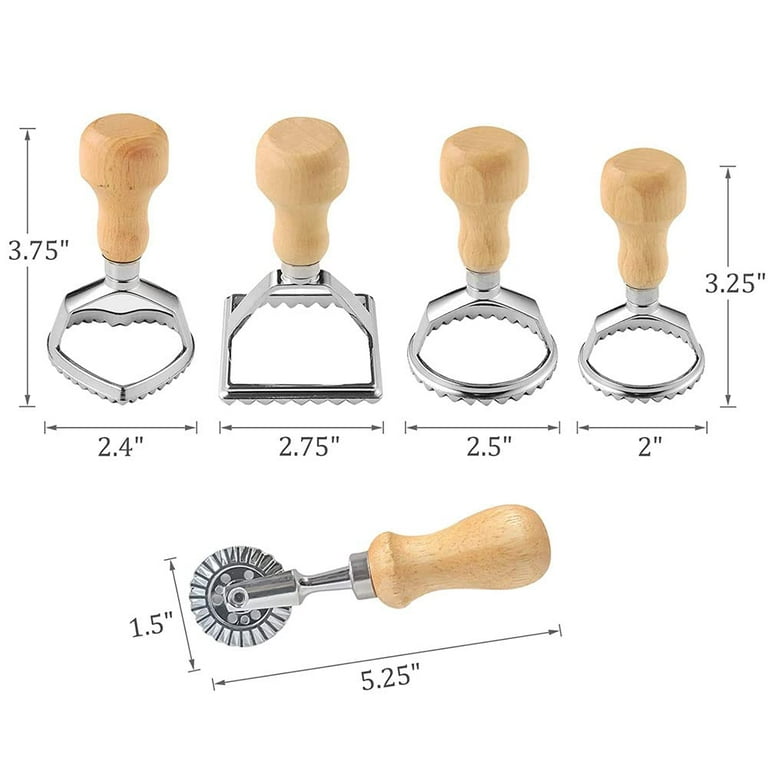 YIYI Guo Ravioli Pasta Cutter Set - Set of 5, Includes Ravioli Stamp Maker Cutter, Roller Wheel, Manual Pasta Maker Mold - Wooden Handle and Fluted Edge for